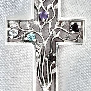 Sterling Silver Tree of Life Cross Necklace Multi-Gemstone Amethyst Topaz Ruby